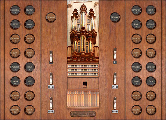 [bild] 1959 Marcussen, Transeptorgel ~ St Laurenskerk, Rotterdam ~ Virtuellt spelbord